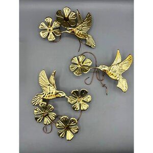 Vtg Gold‎ Brass Tone Metal Hummingbird & Flower Wall Art Decor